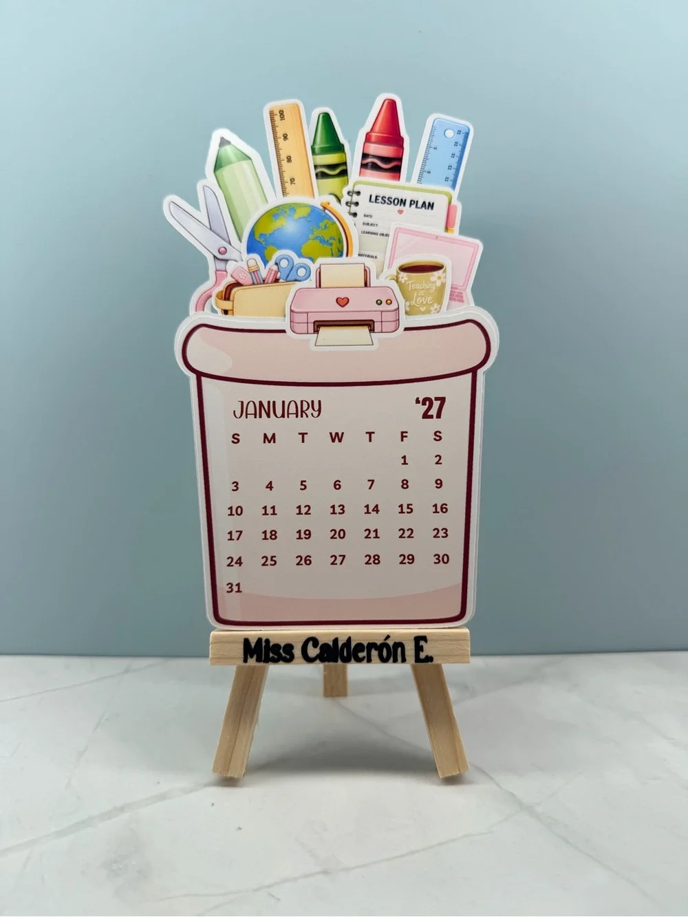 Pink Classroom Desk Calendar Stand with Stationery Design